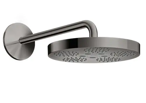 Kopfbrause mit rundem Kopf und weichem Brausearm in Polished Black Chrome, montiert an der Wand, von der Marke AXOR.